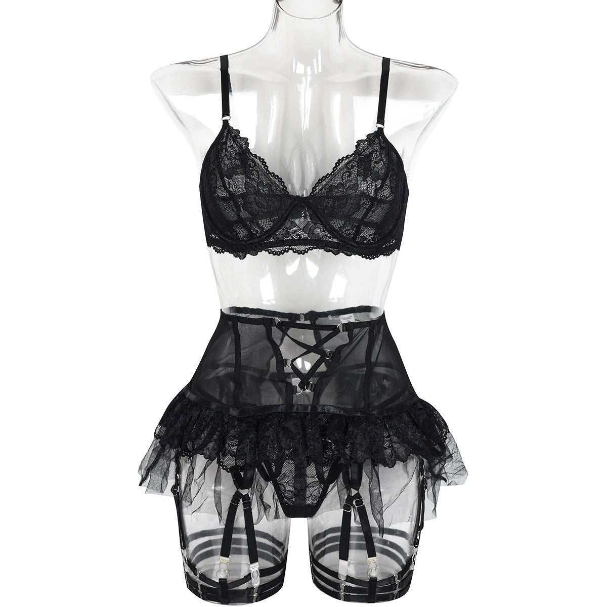 Women Black Sexy Mesh Puff Skirt Lingerie Set - BamBam