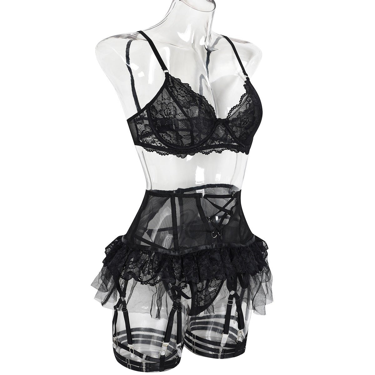 Women Black Sexy Mesh Puff Skirt Lingerie Set - BamBam
