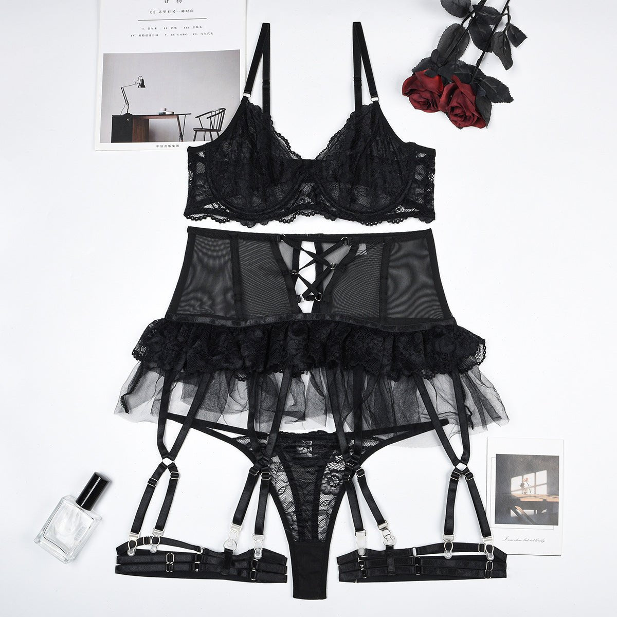 Women Black Sexy Mesh Puff Skirt Lingerie Set - BamBam