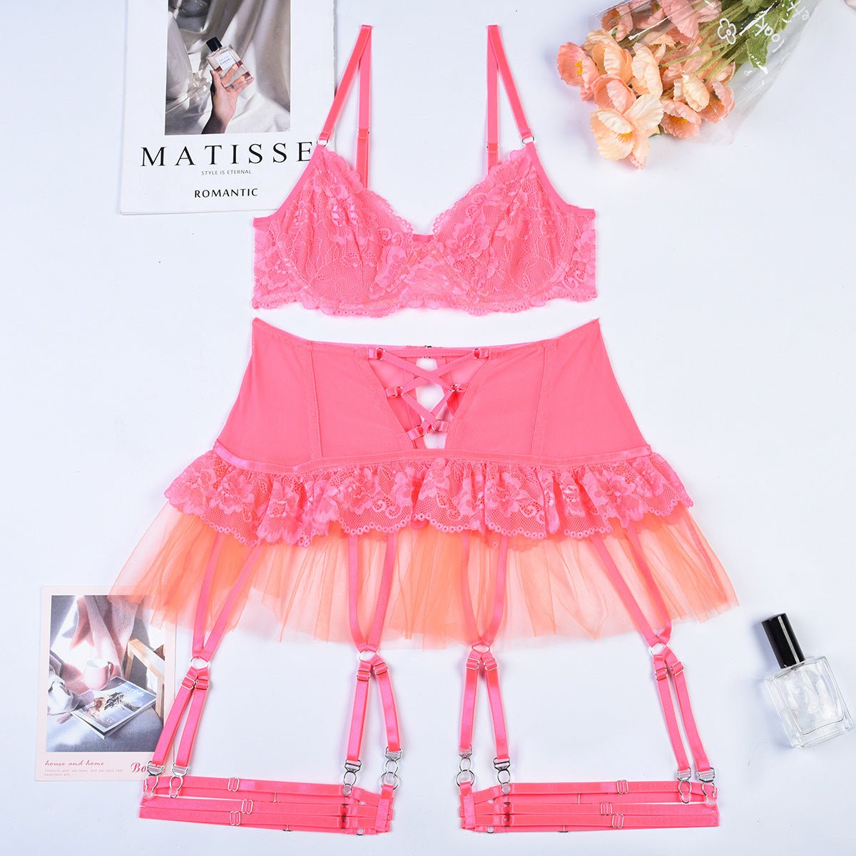 Women Black Sexy Mesh Puff Skirt Lingerie Set - BamBam