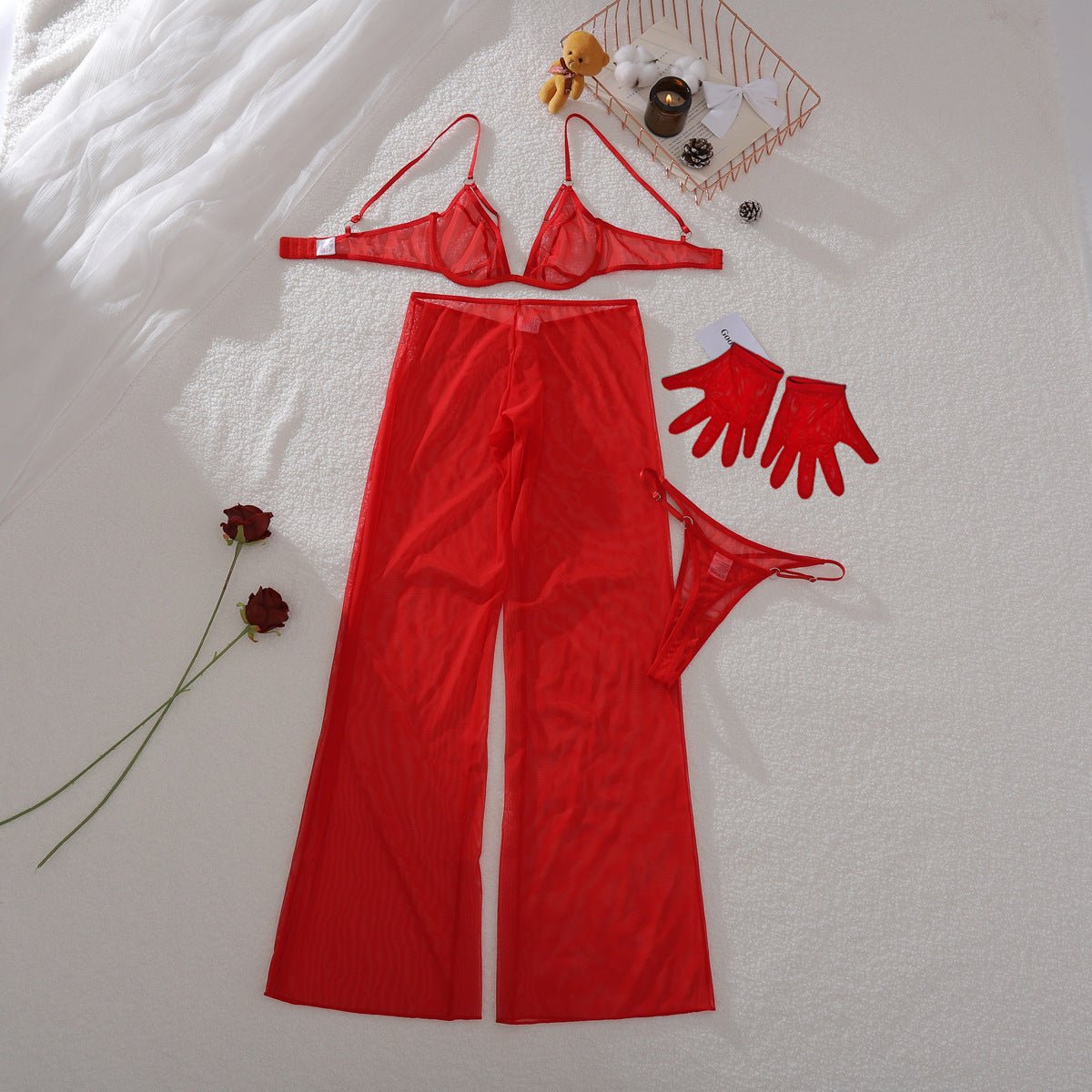 Women casual mesh trousers with bodycon and gloves - BamBam