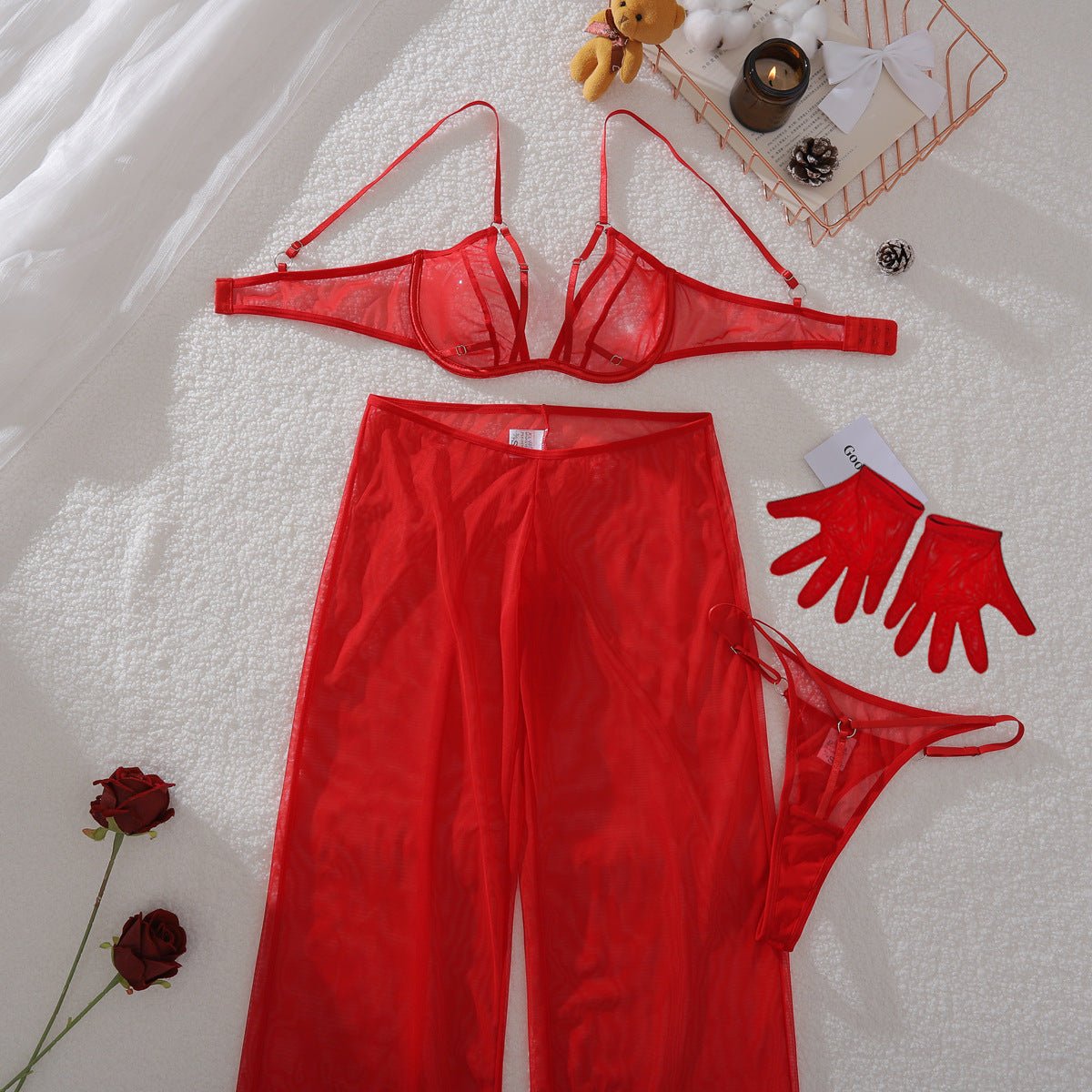 Women casual mesh trousers with bodycon and gloves - BamBam