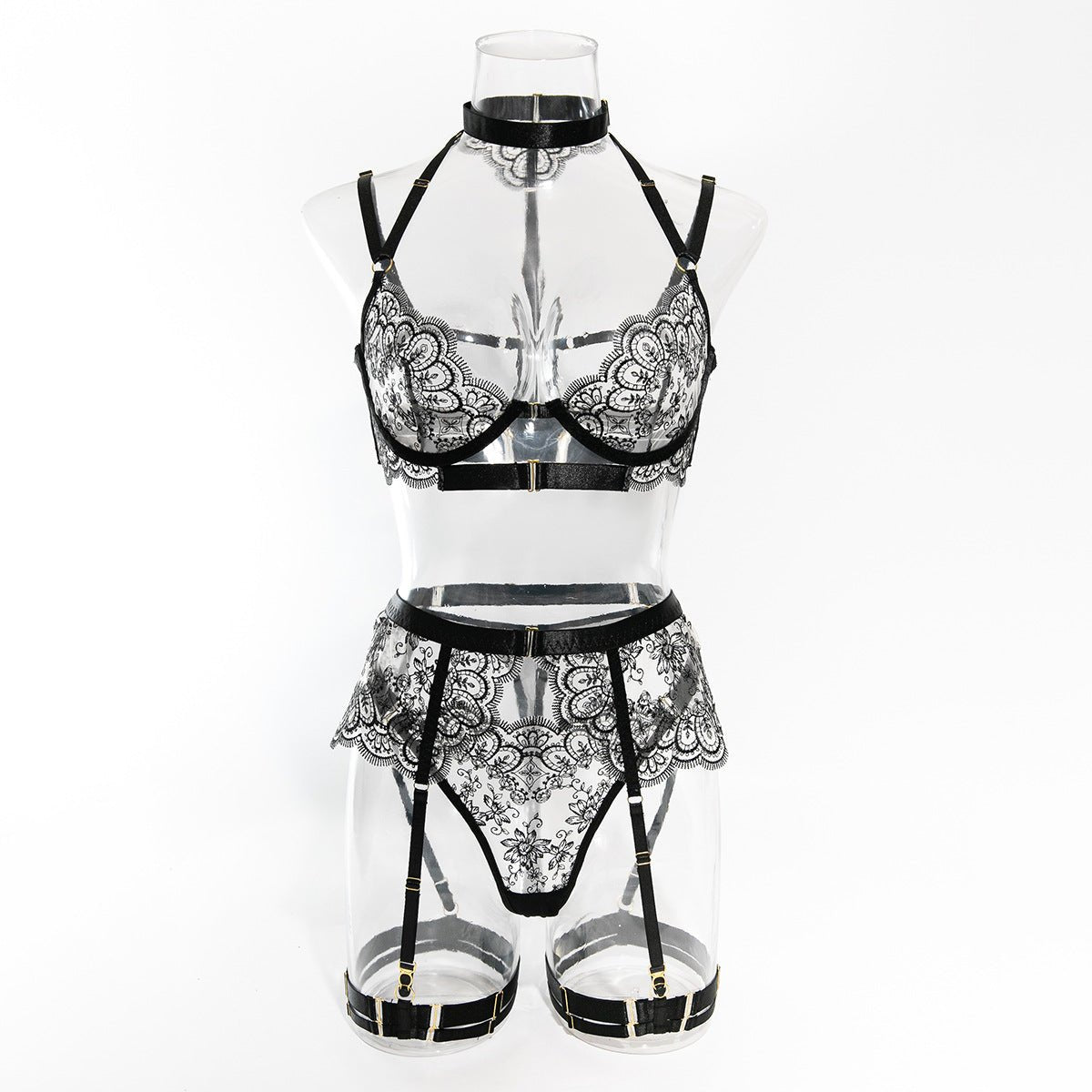 Women embroidered metal buckle lace - up see - through Sexy lingerie set - BamBam