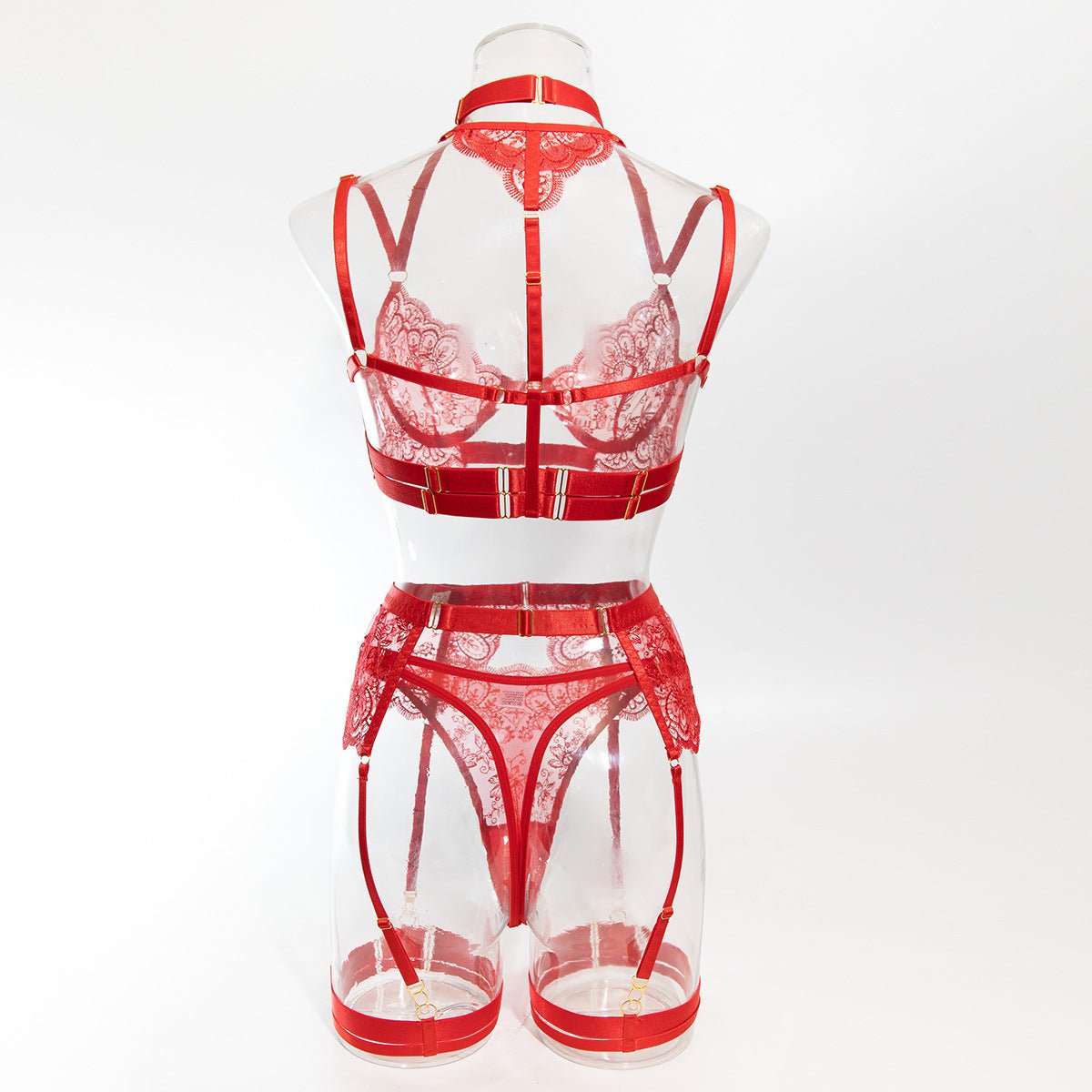 Women embroidered metal buckle lace - up see - through Sexy lingerie set - BamBam