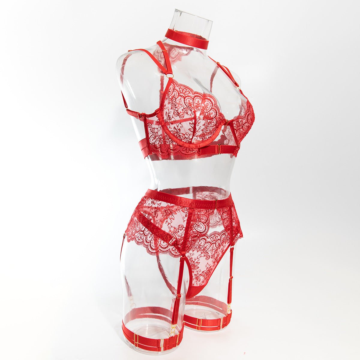 Women embroidered metal buckle lace - up see - through Sexy lingerie set - BamBam