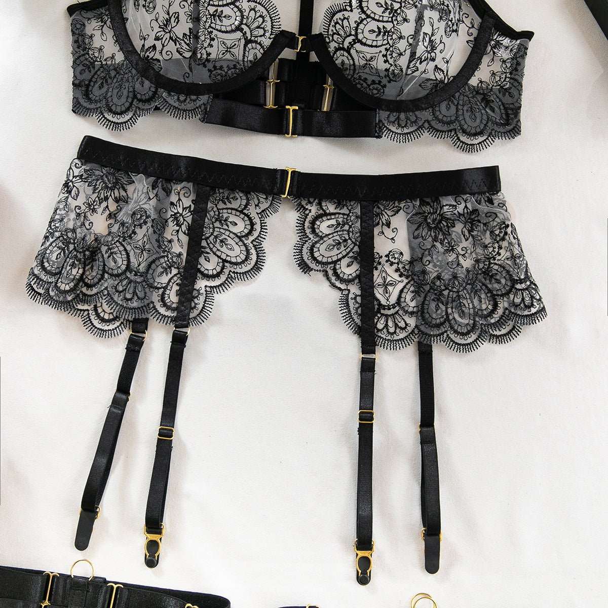 Women embroidered metal buckle lace - up see - through Sexy lingerie set - BamBam