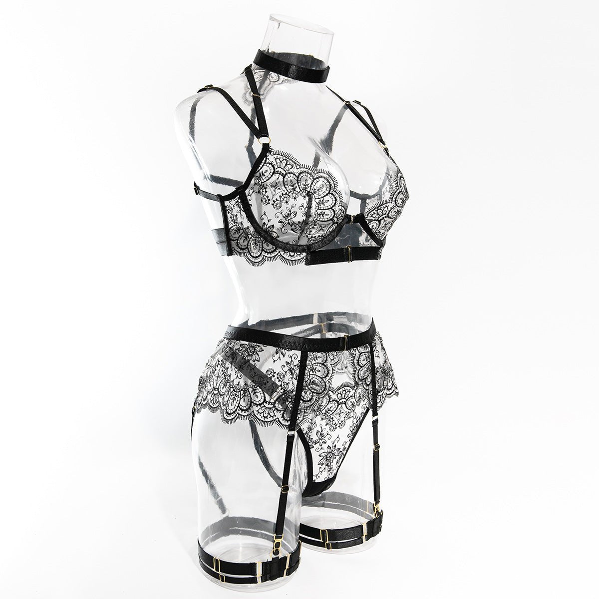 Women embroidered metal buckle lace - up see - through Sexy lingerie set - BamBam