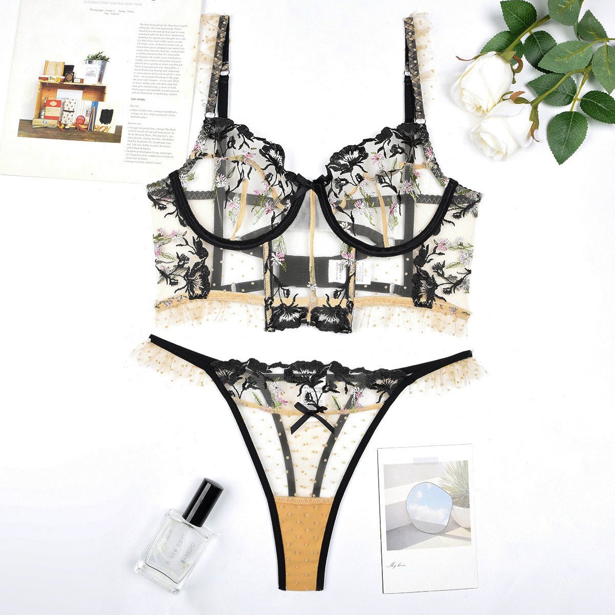 Women Floral Embroidered Polka Dot Mesh See - Through Sexy Two - Piece Lingerie Set - BamBam