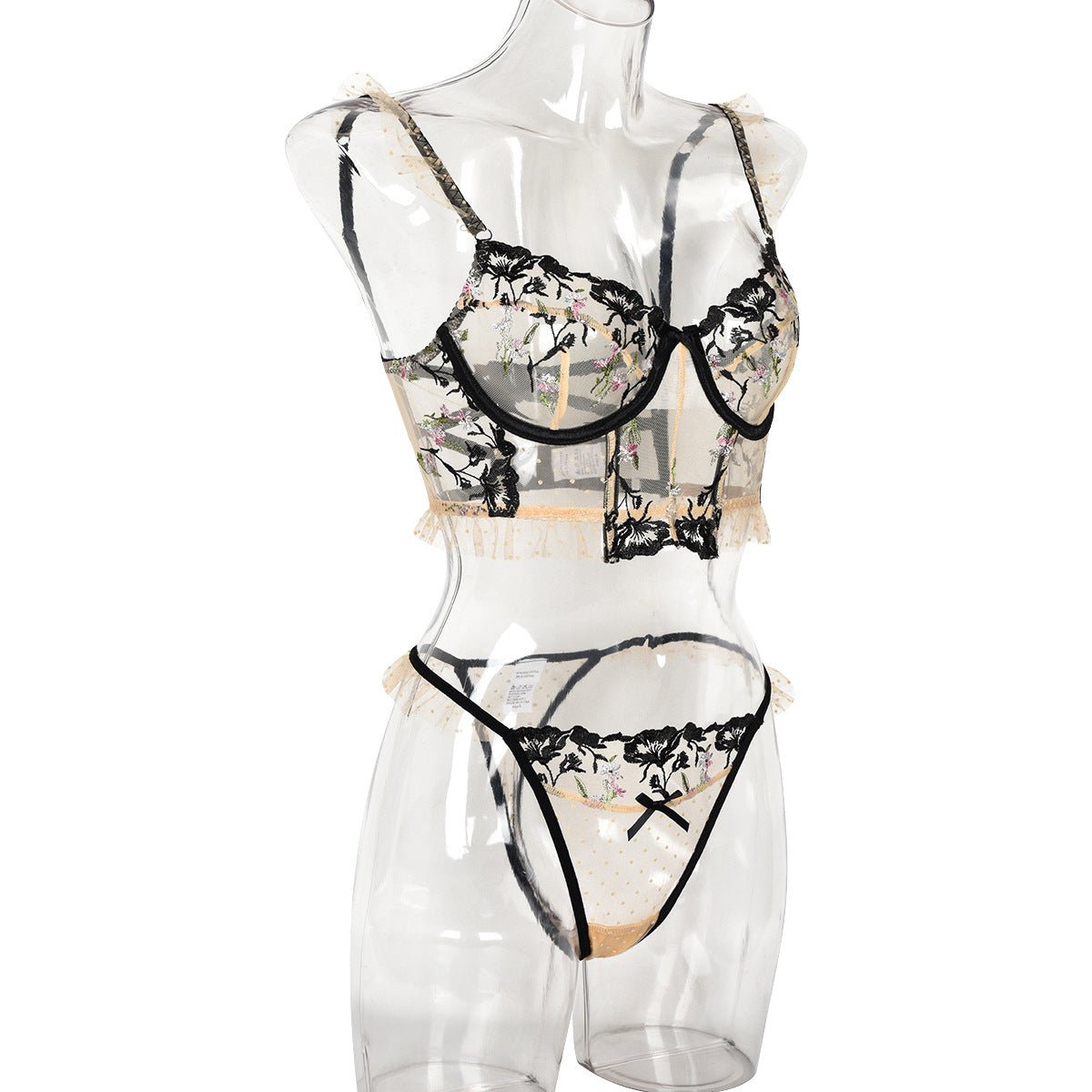 Women Floral Embroidered Polka Dot Mesh See - Through Sexy Two - Piece Lingerie Set - BamBam