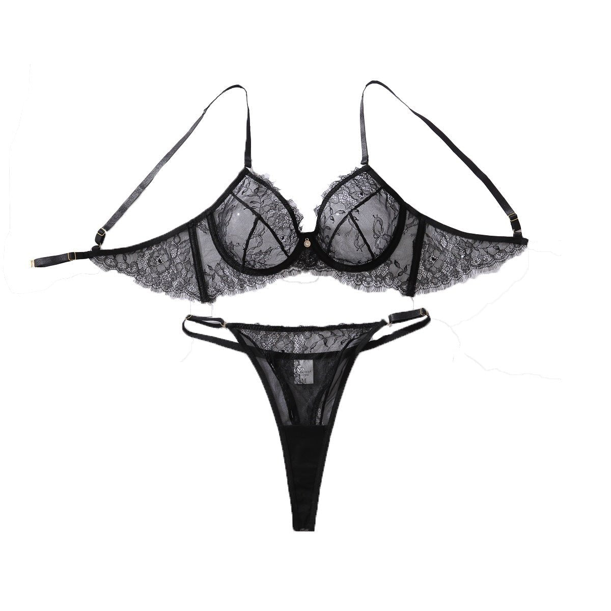 Women French See - Through Eyelash Lace Underwire Push - Up Shaping Lingerie (Two Pieces) - BamBam