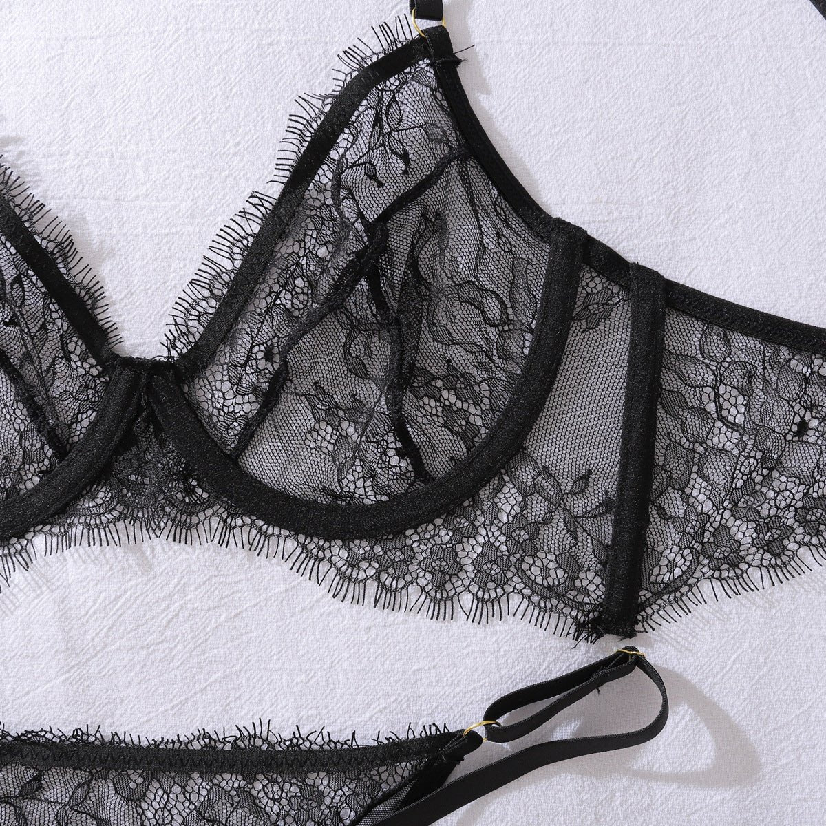 Women French See - Through Eyelash Lace Underwire Push - Up Shaping Lingerie (Two Pieces) - BamBam