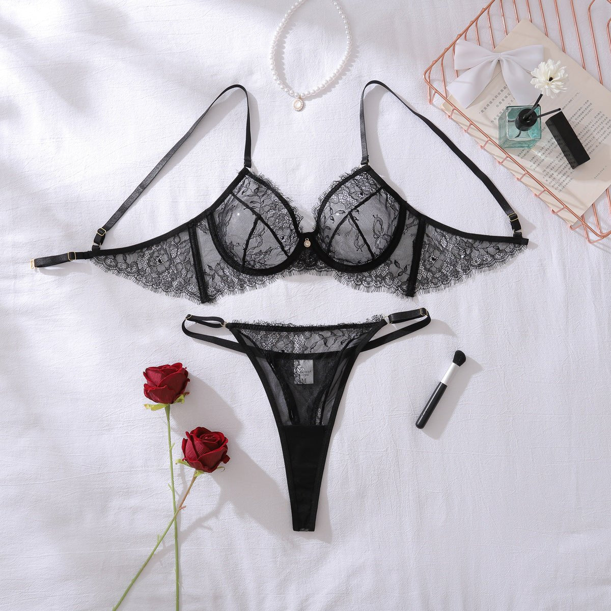 Women French See - Through Eyelash Lace Underwire Push - Up Shaping Lingerie (Two Pieces) - BamBam