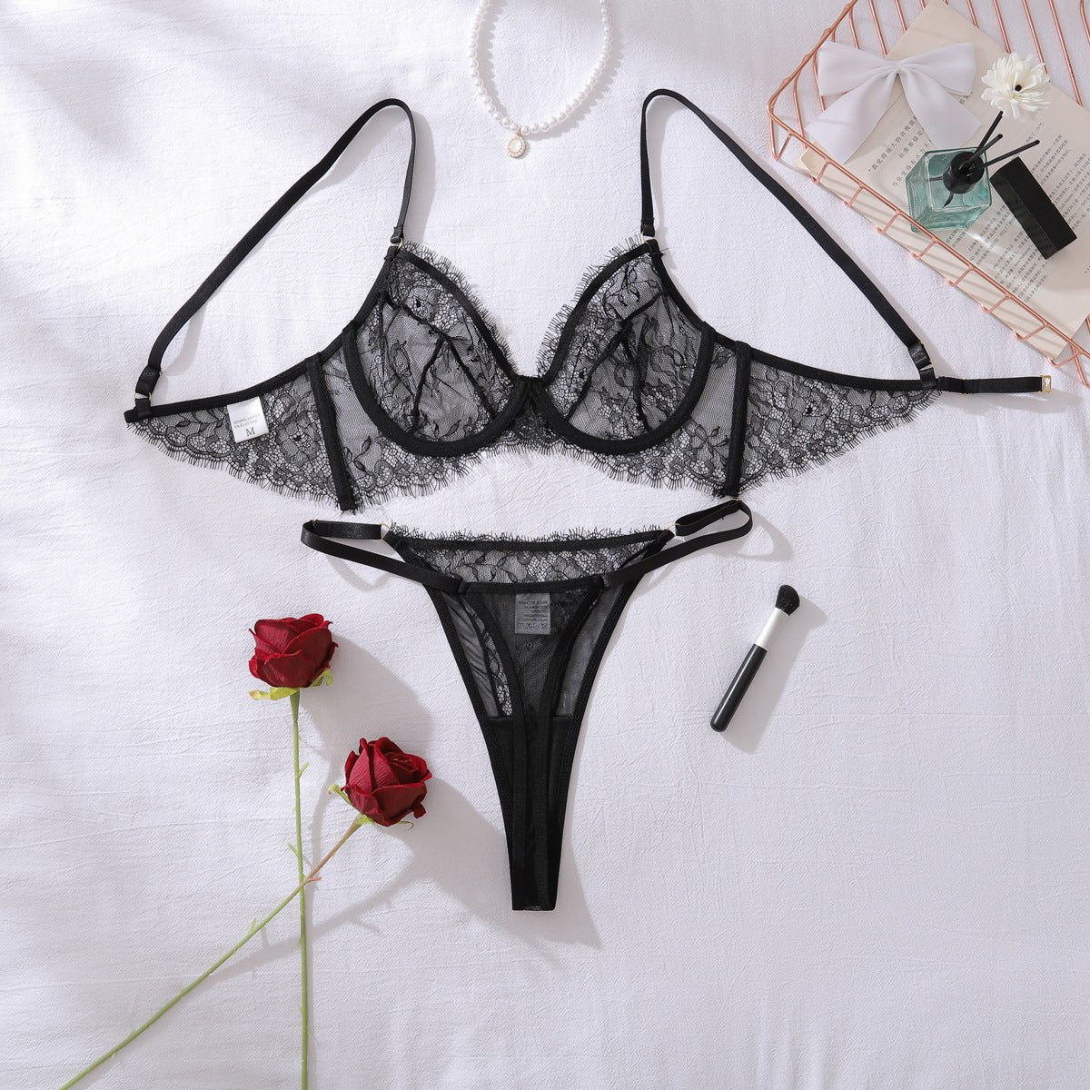 Women French See - Through Eyelash Lace Underwire Push - Up Shaping Lingerie (Two Pieces) - BamBam