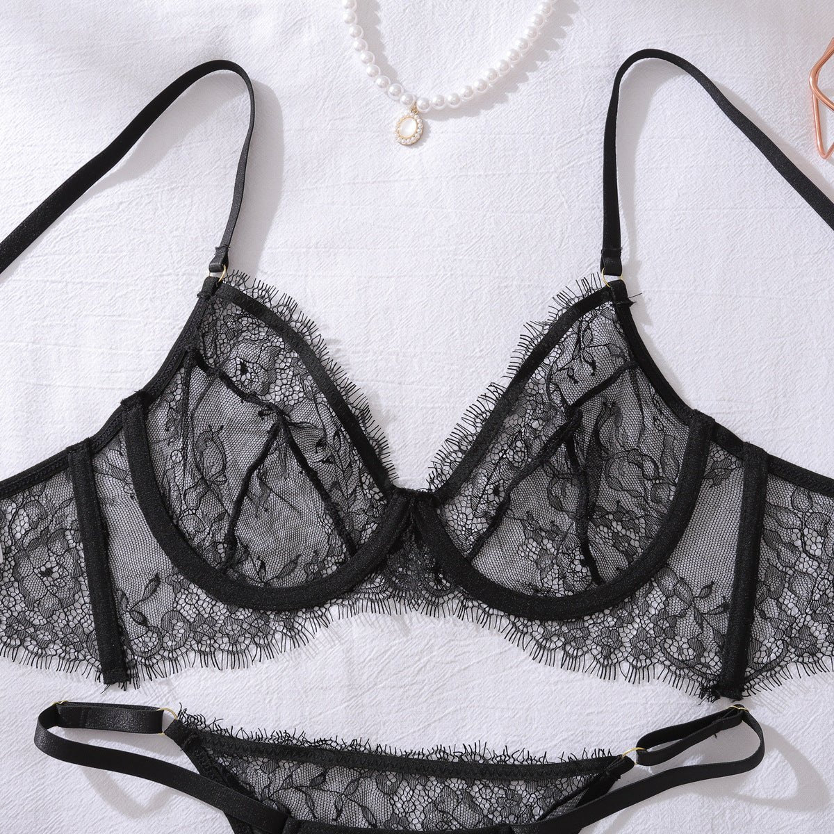 Women French See - Through Eyelash Lace Underwire Push - Up Shaping Lingerie (Two Pieces) - BamBam