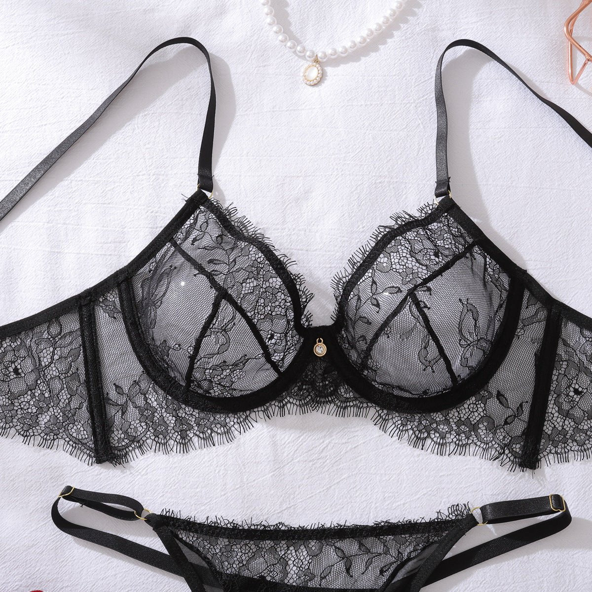 Women French See - Through Eyelash Lace Underwire Push - Up Shaping Lingerie (Two Pieces) - BamBam