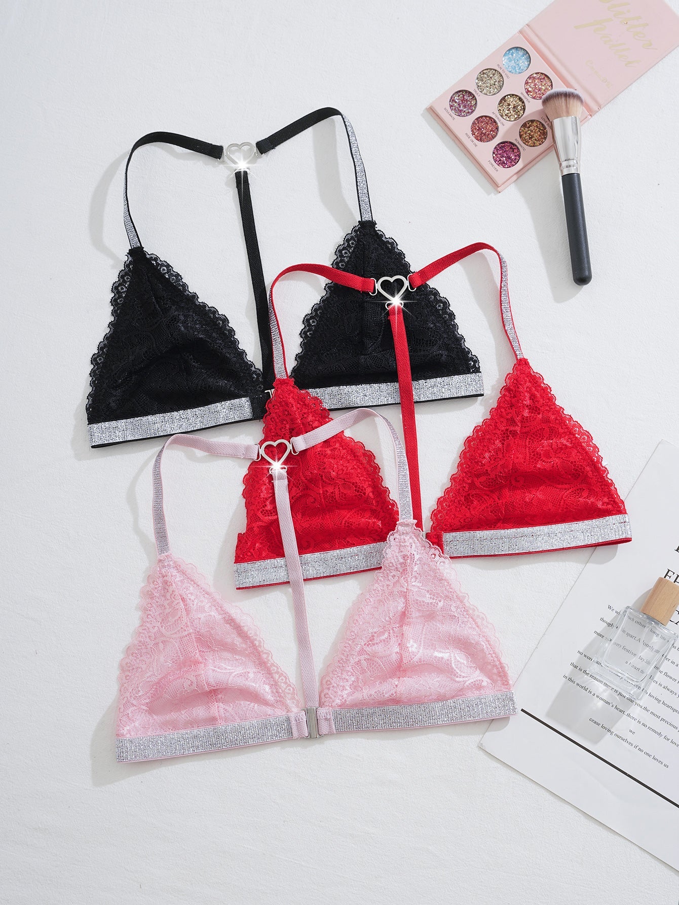 Women Halter Neck Backless Triangle Bra with Detachable Buttons Bras - BamBam