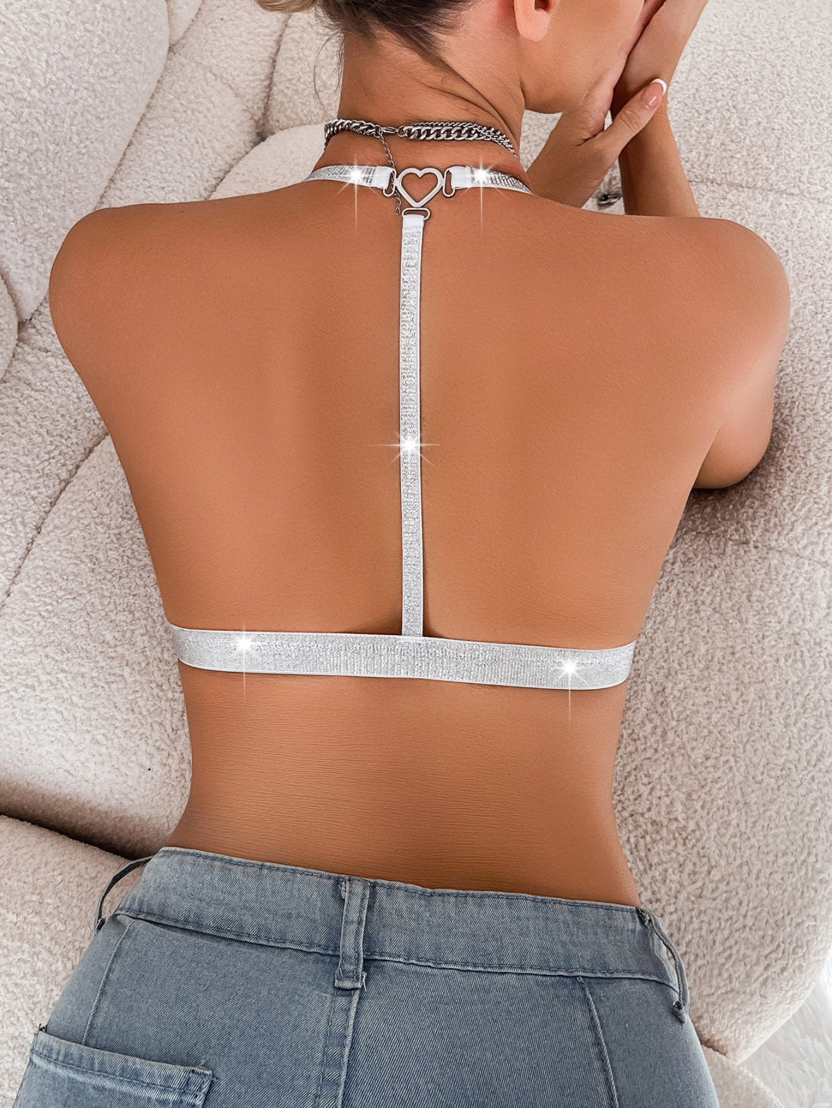 Women Halter Neck Backless Triangle Bra with Detachable Buttons Bras - BamBam