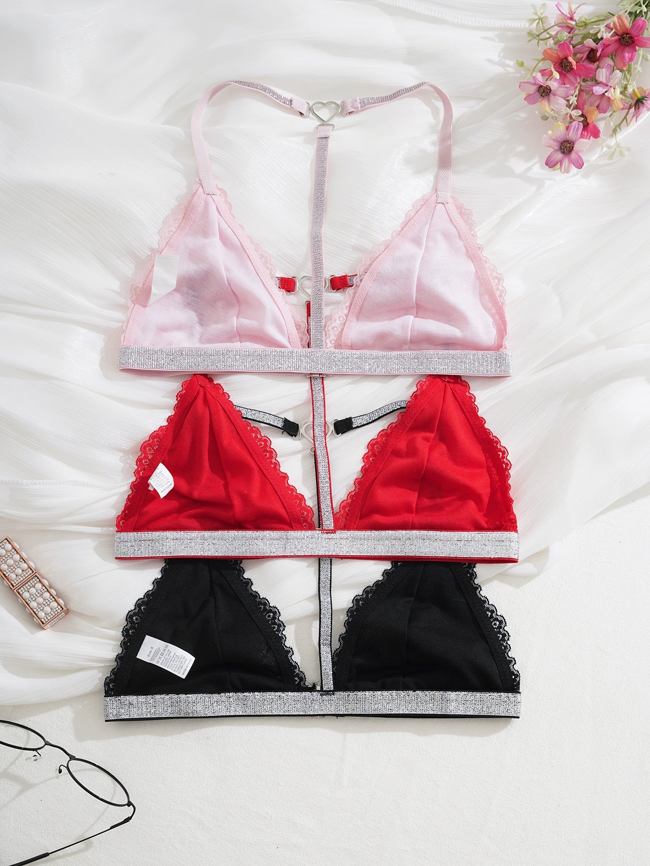 Women Halter Neck Backless Triangle Bra with Detachable Buttons Bras - BamBam