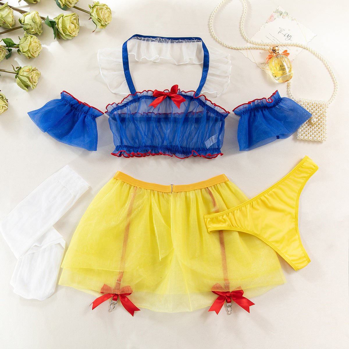 Women Halter Neck maid uniform Snow White see - through uniform with stockings sexy lingerie set - BamBam