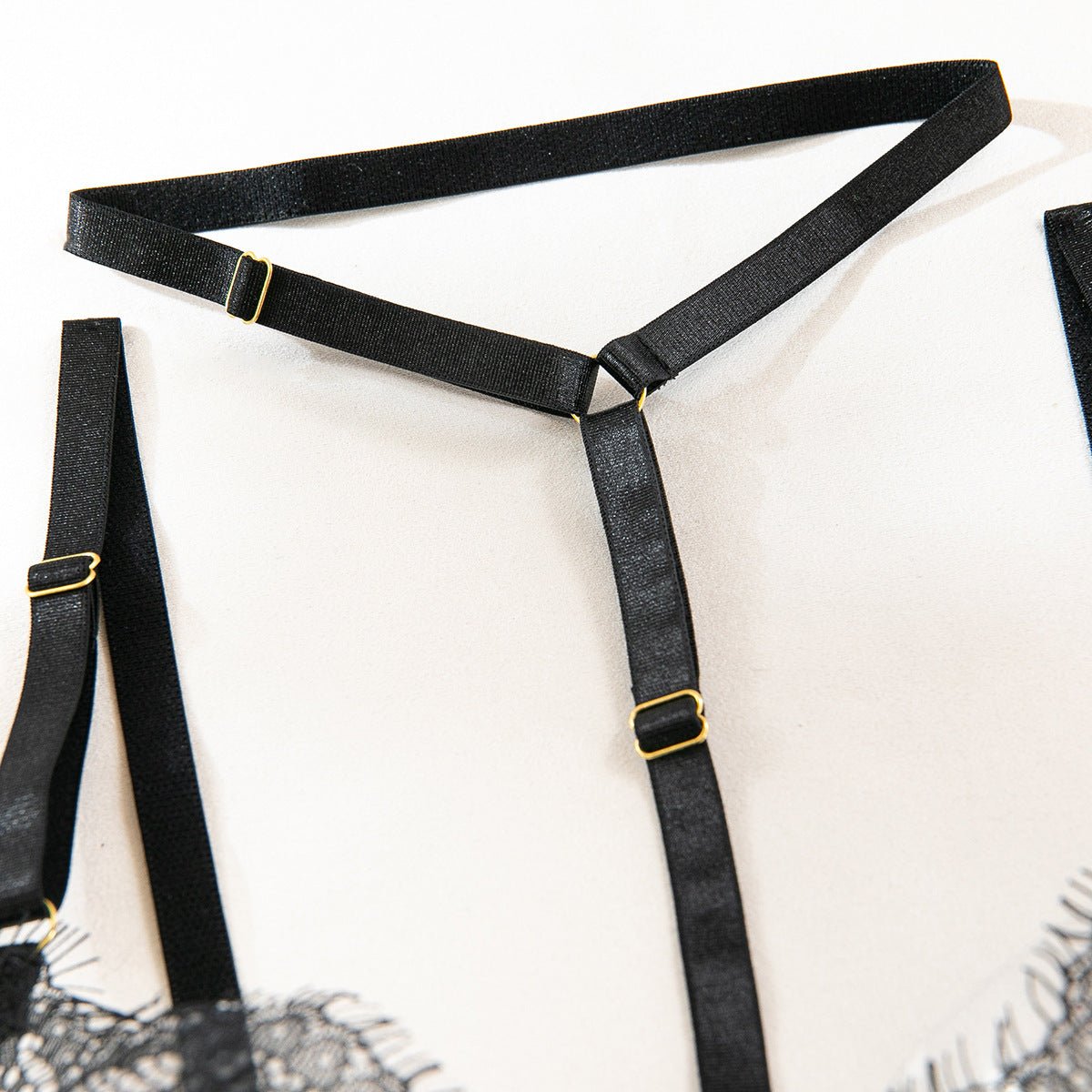 Women hollow lace eyelash halter neck lingerie set with detachable leg loops - BamBam