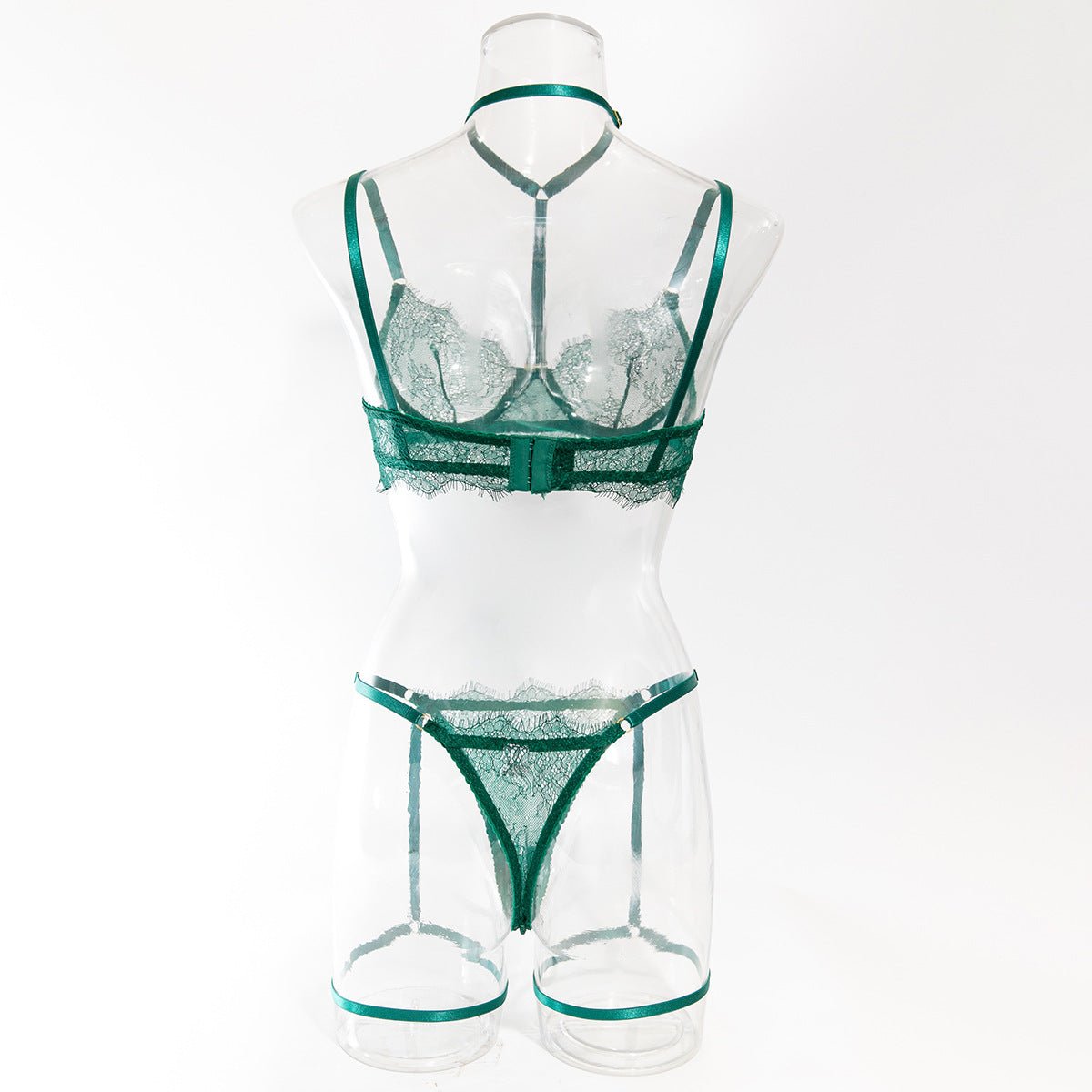 Women hollow lace eyelash halter neck lingerie set with detachable leg loops - BamBam