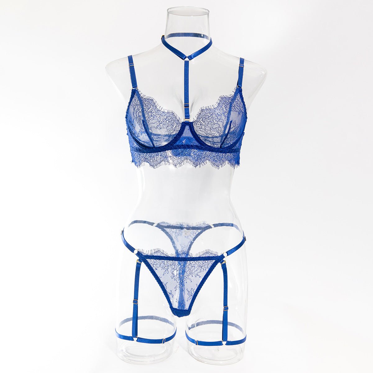 Women hollow lace eyelash halter neck lingerie set with detachable leg loops - BamBam