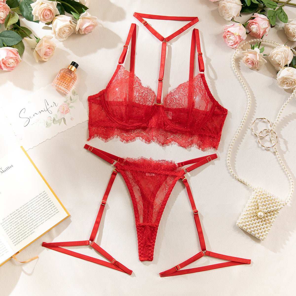 Women hollow lace eyelash halter neck lingerie set with detachable leg loops - BamBam