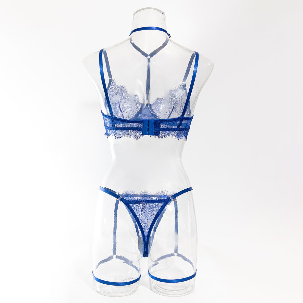 Women hollow lace eyelash halter neck lingerie set with detachable leg loops - BamBam