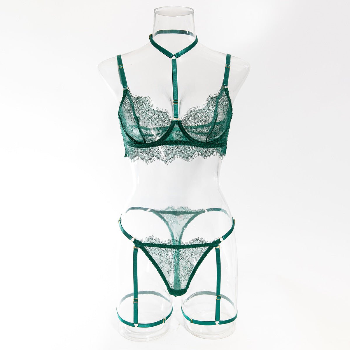 Women hollow lace eyelash halter neck lingerie set with detachable leg loops - BamBam