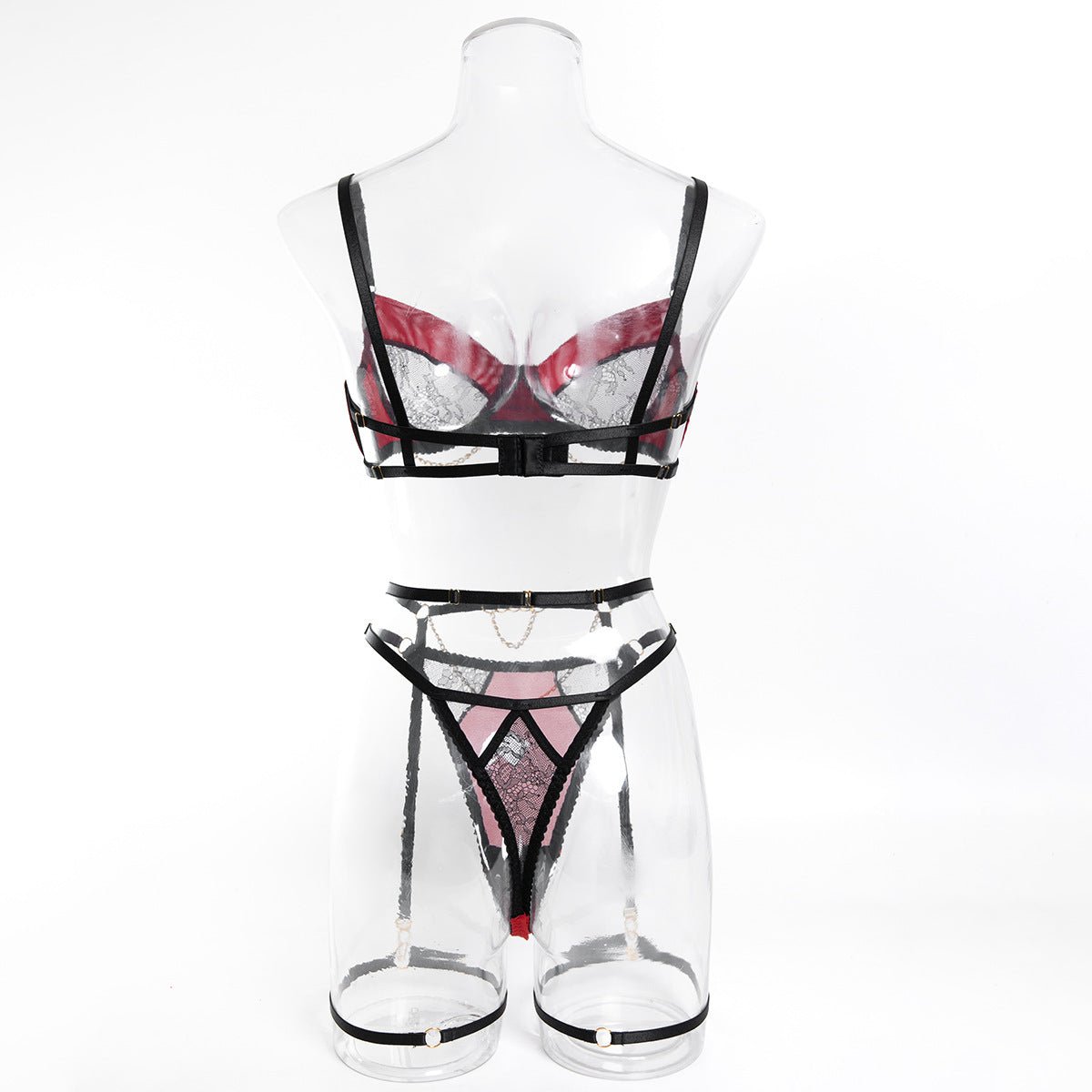 Women Lace Mesh Contrast Chain See - Through Bra and Lingerie Two - Piece Set - BamBam