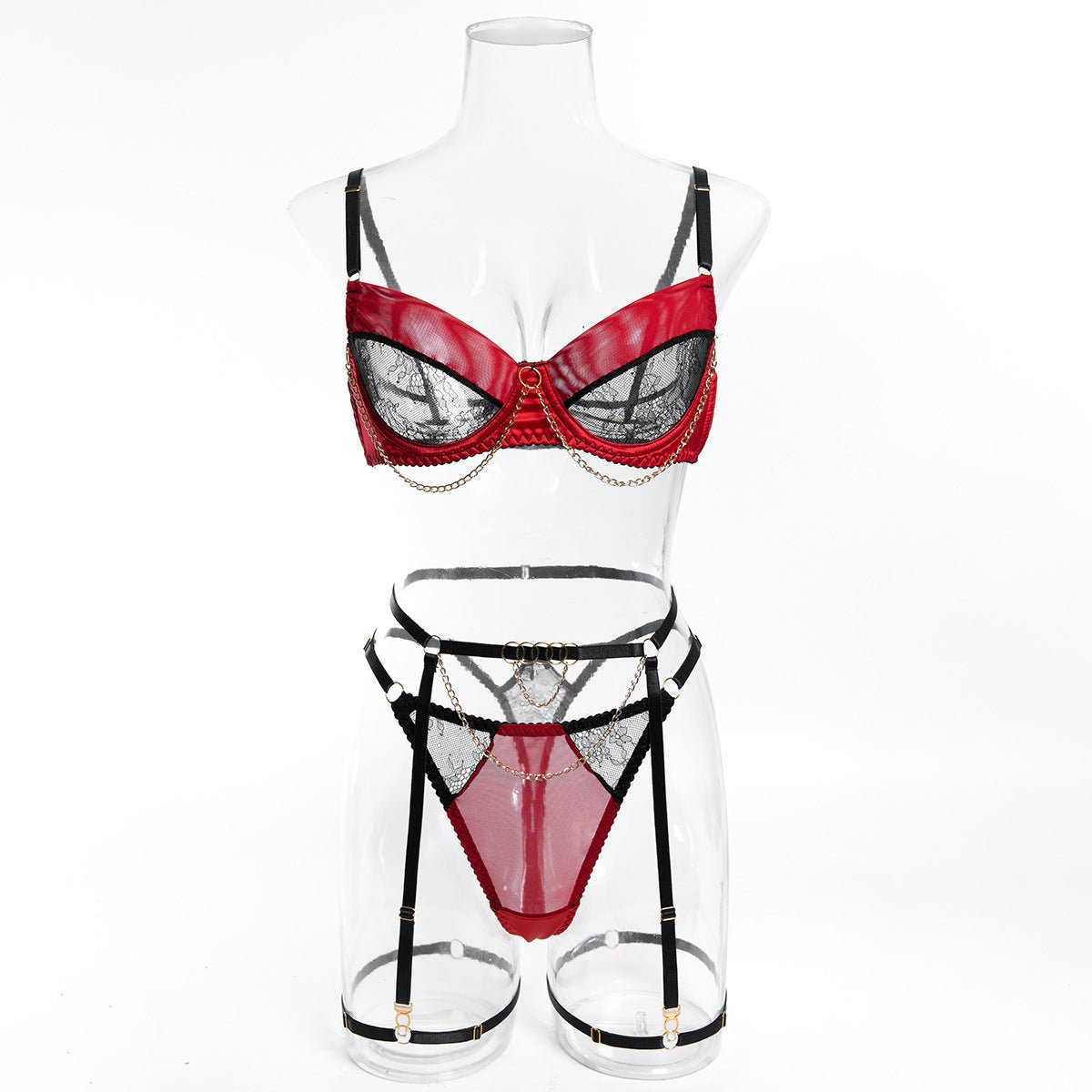 Women Lace Mesh Contrast Chain See - Through Bra and Lingerie Two - Piece Set - BamBam