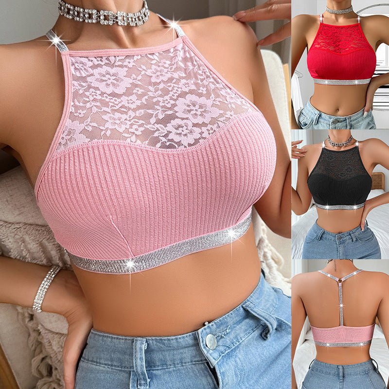 Women Lace Patchwork Halter Neck Backless Bra - BamBam