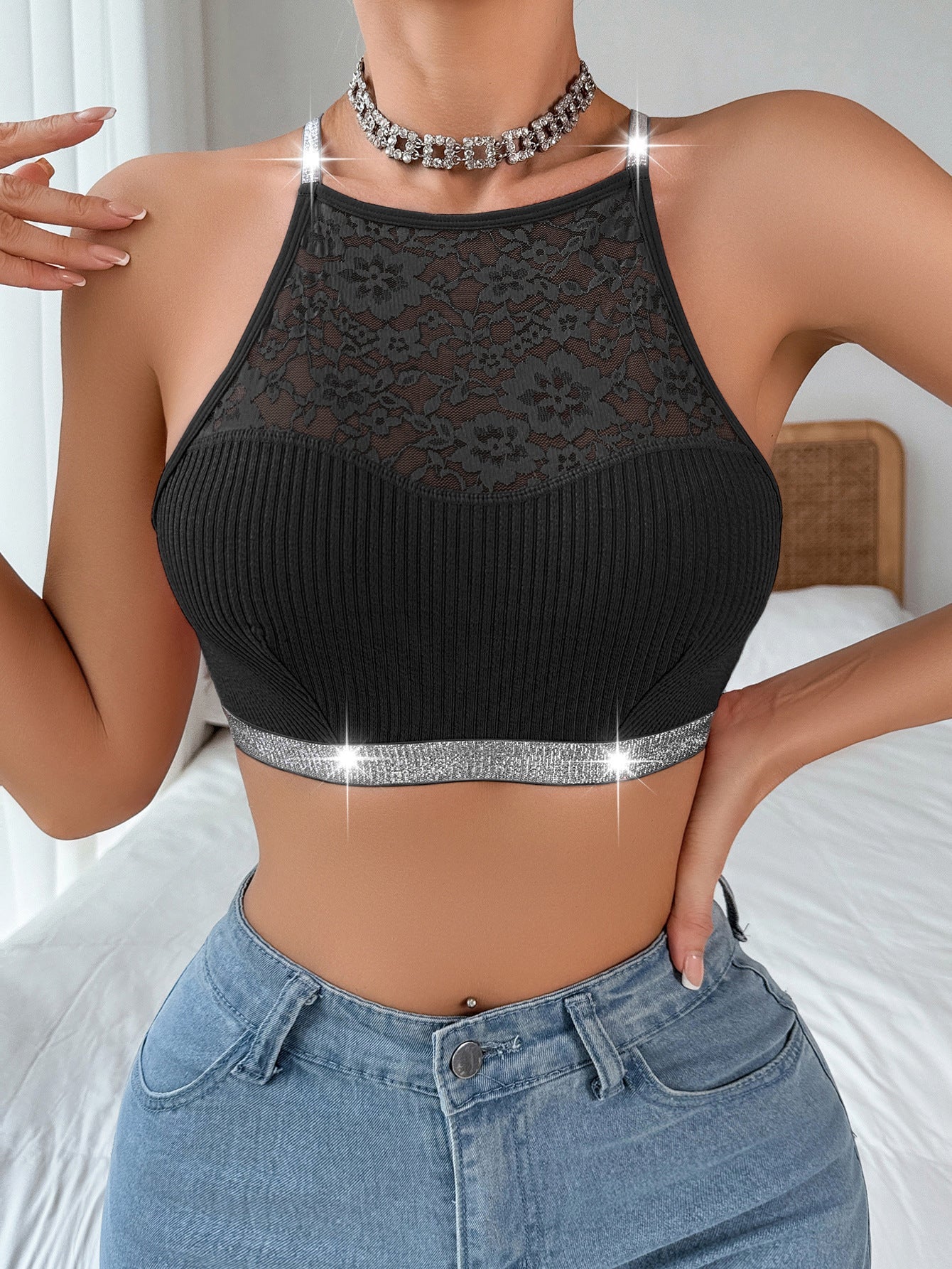 Women Lace Patchwork Halter Neck Backless Bra - BamBam