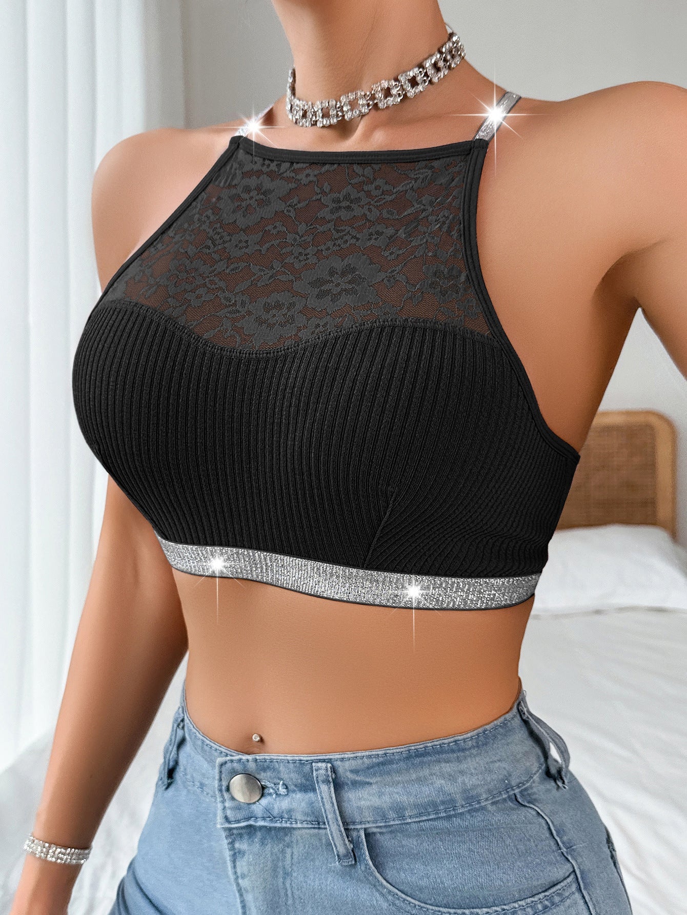 Women Lace Patchwork Halter Neck Backless Bra - BamBam