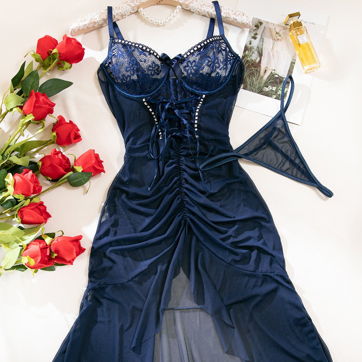 Women lace see - through mesh dress thong Sexy lingerie set - BamBam