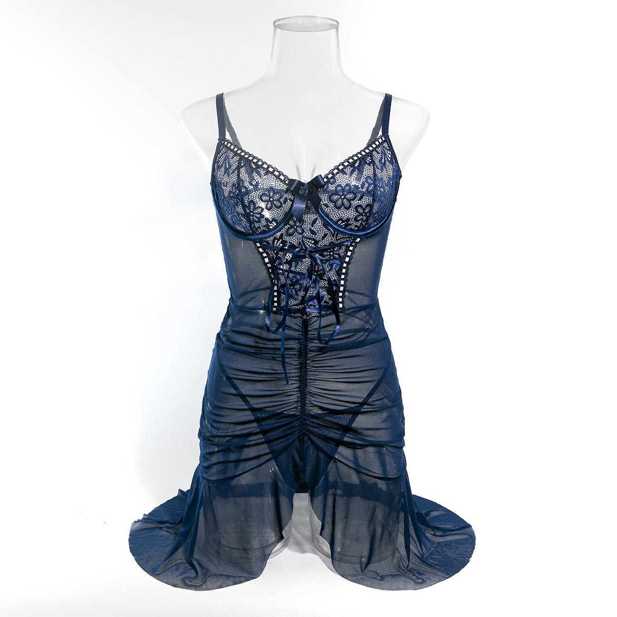 Women lace see - through mesh dress thong Sexy lingerie set - BamBam