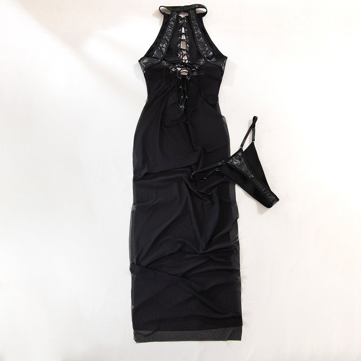 Women Lace - Up Cutout Patchwork See - Through Mesh Slit Dress - BamBam