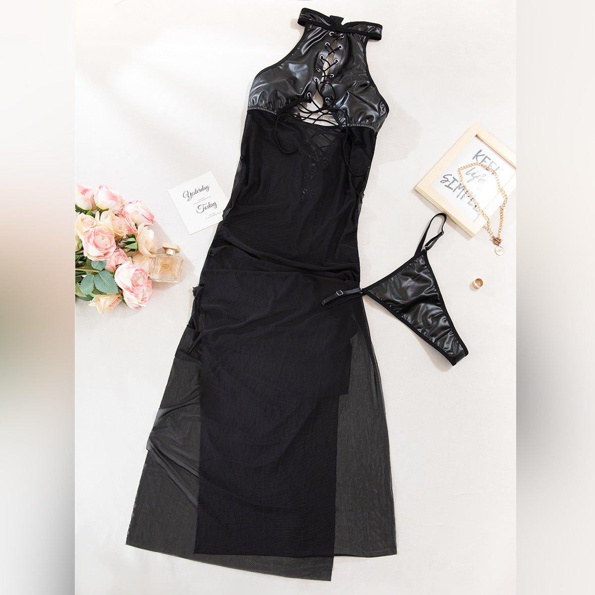 Women Lace - Up Cutout Patchwork See - Through Mesh Slit Dress - BamBam