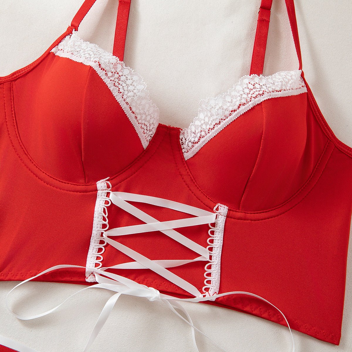 Women lace - up maid Pu - Leather cosplay uniform Sexy lingerie set - BamBam