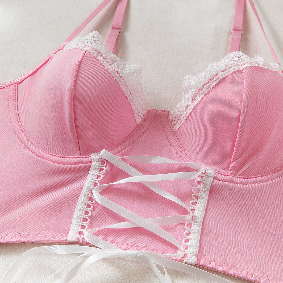 Women lace - up maid Pu - Leather cosplay uniform Sexy lingerie set - BamBam