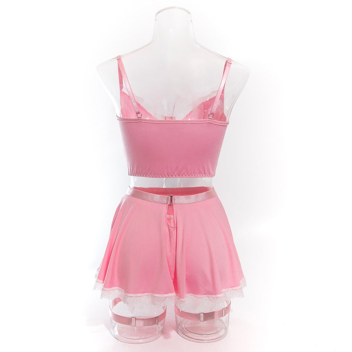 Women lace - up maid Pu - Leather cosplay uniform Sexy lingerie set - BamBam