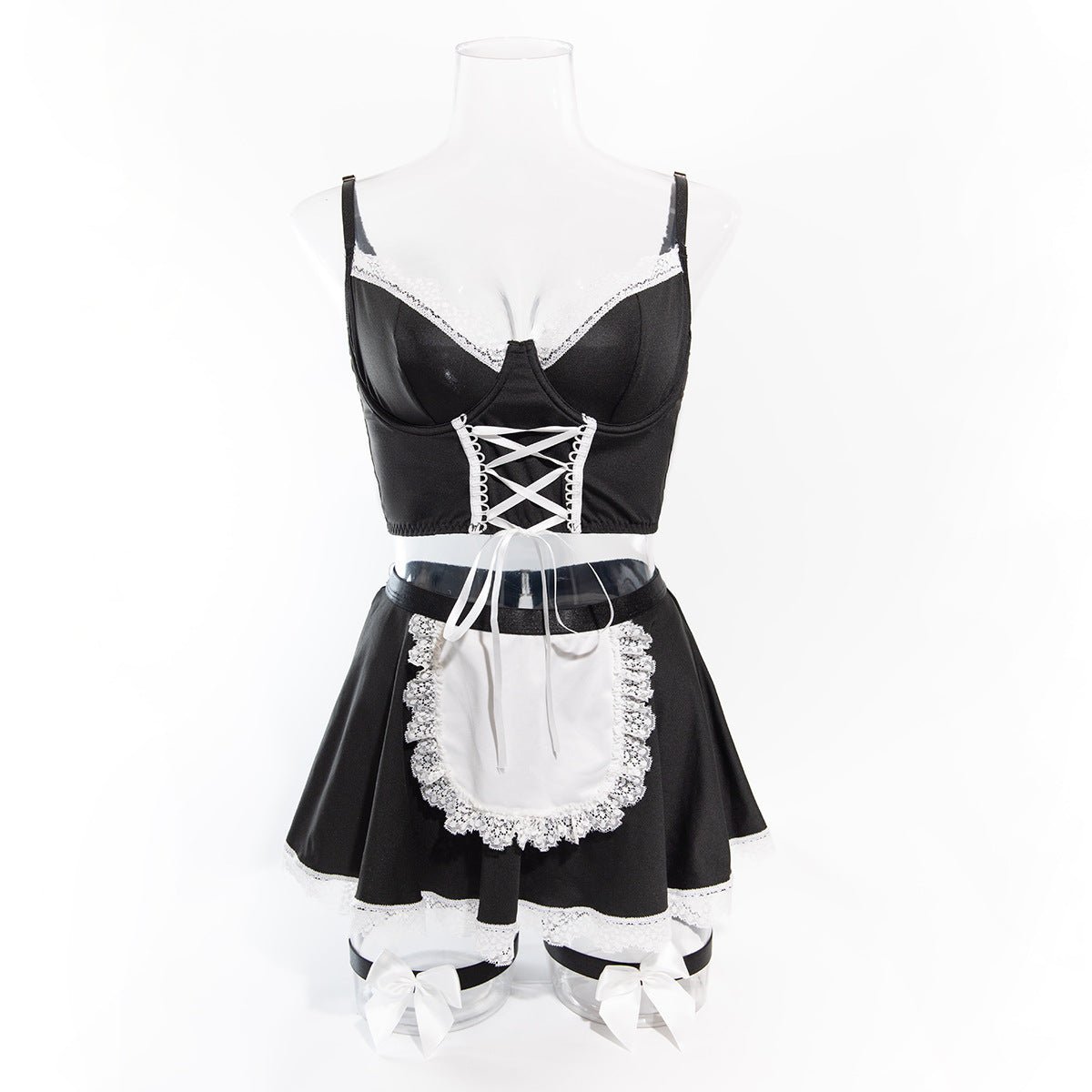 Women lace - up maid Pu - Leather cosplay uniform Sexy lingerie set - BamBam