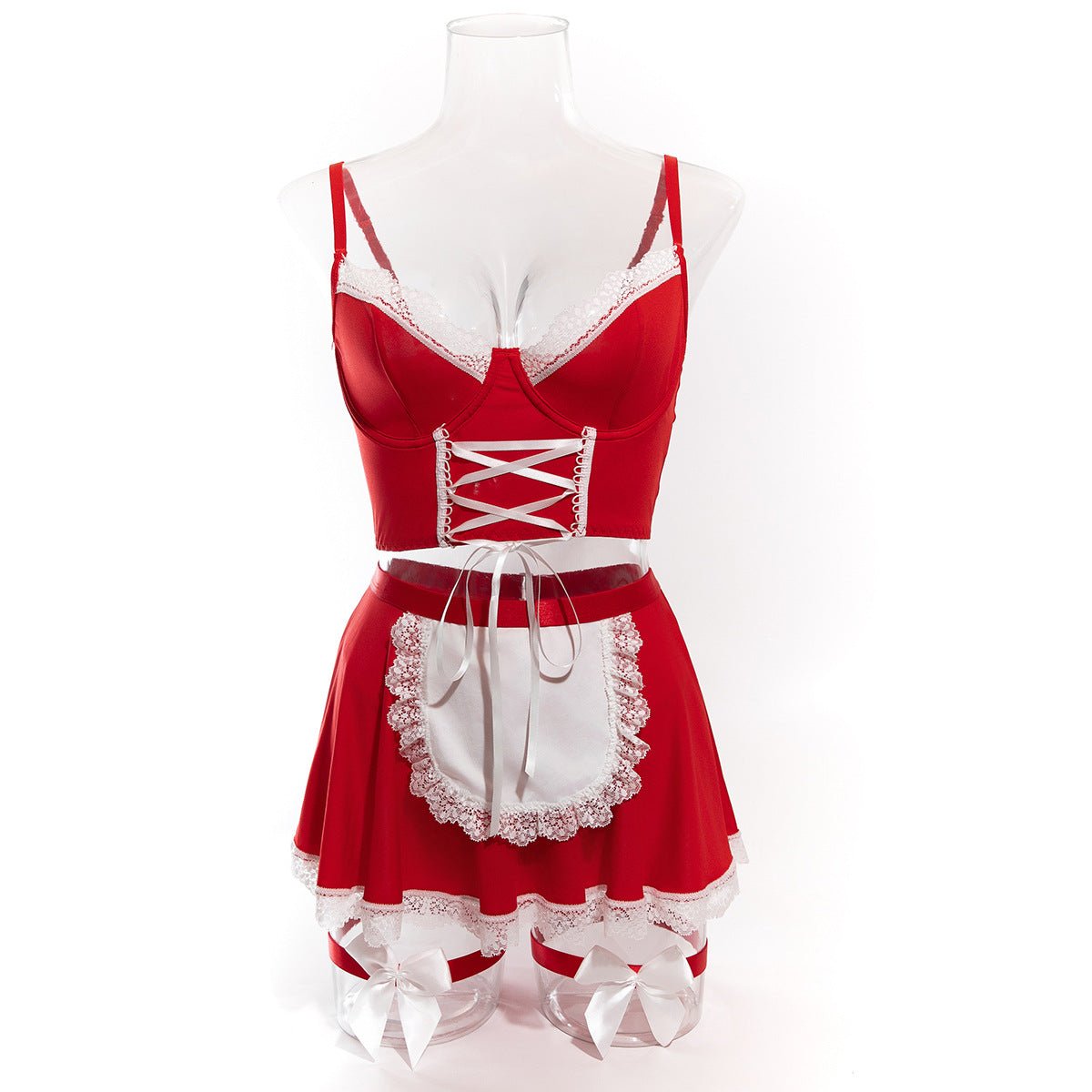 Women lace - up maid Pu - Leather cosplay uniform Sexy lingerie set - BamBam