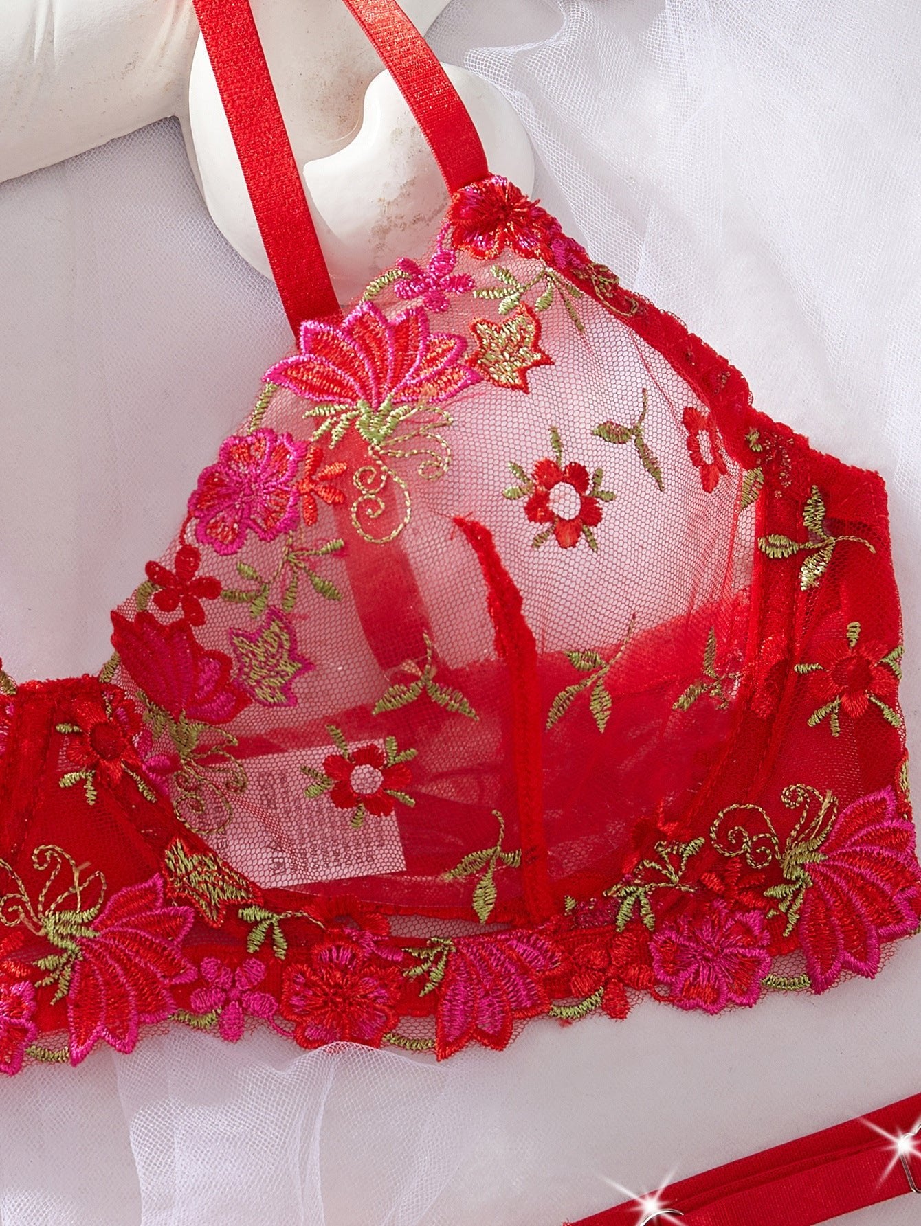 Women Mesh Floral Embroidered Underwire Bra Sexy Lingerie - BamBam