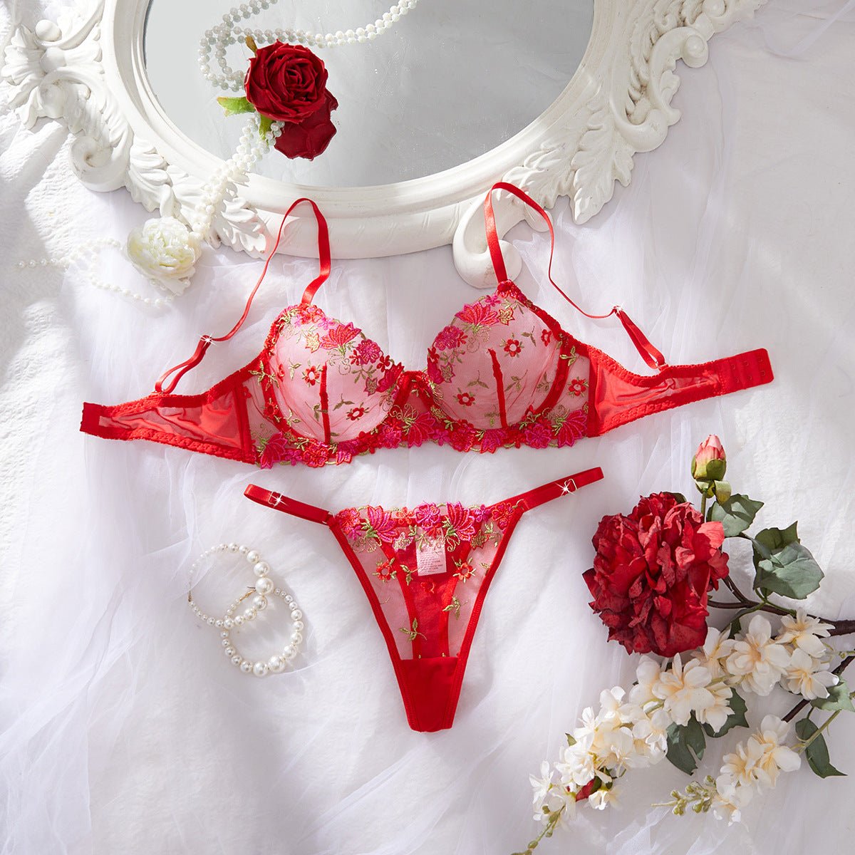 Women Mesh Floral Embroidered Underwire Bra Sexy Lingerie - BamBam