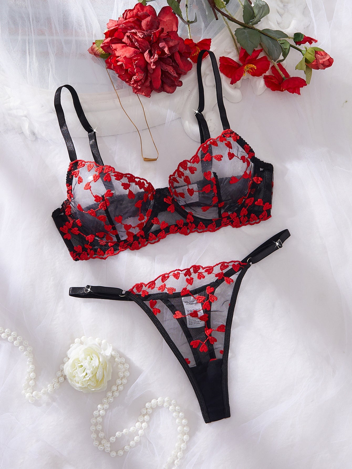 Women Mesh Heart Print Embroidered Panty Lingerie Two - Piece Set - BamBam