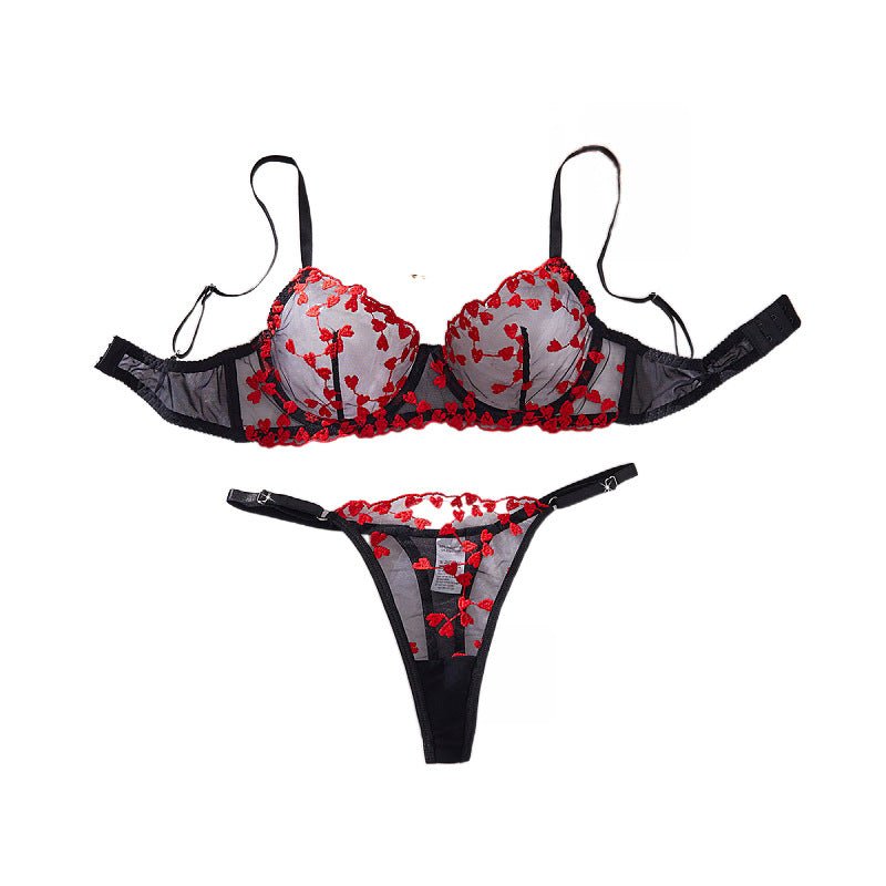 Women Mesh Heart Print Embroidered Panty Lingerie Two - Piece Set - BamBam