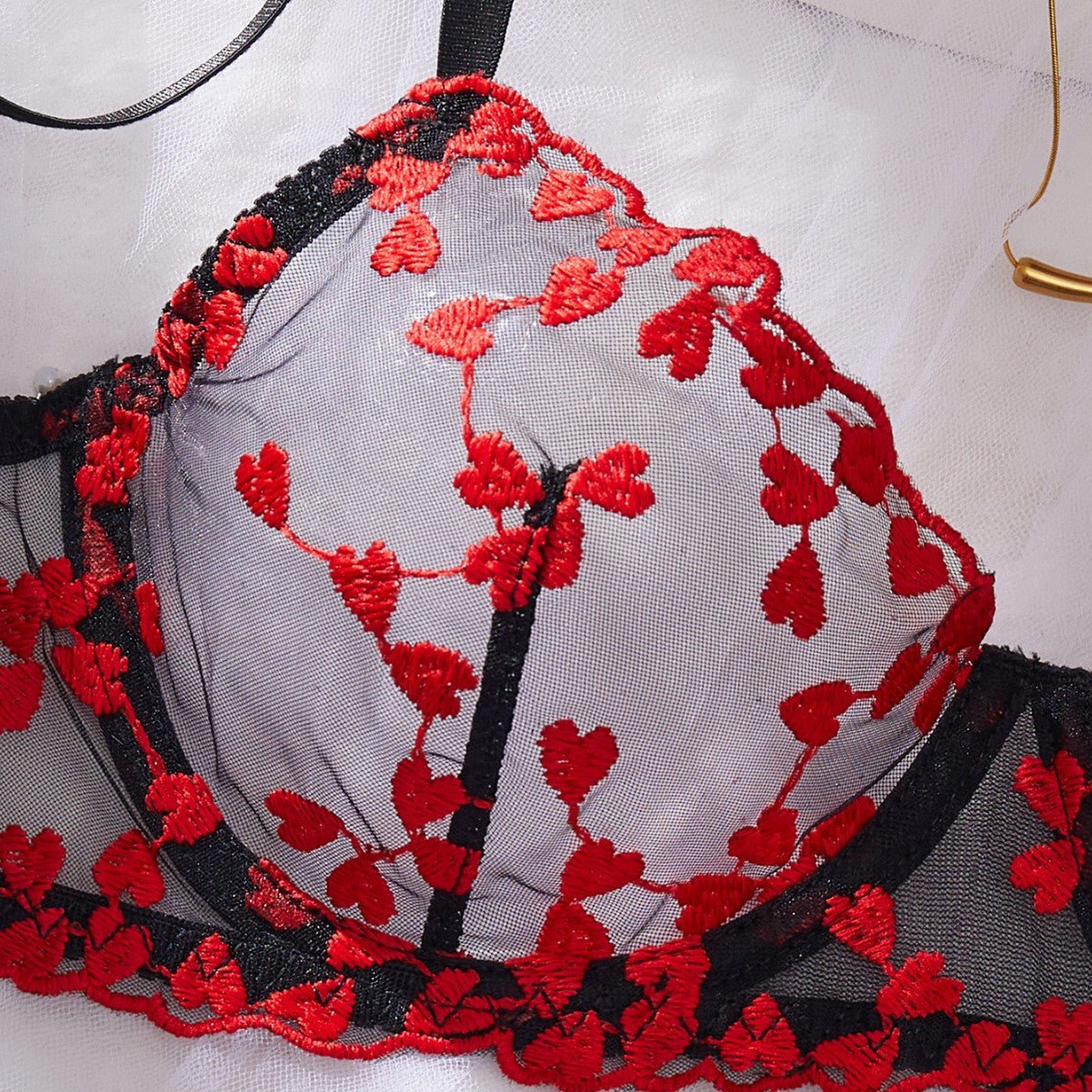 Women Mesh Heart Print Embroidered Panty Lingerie Two - Piece Set - BamBam