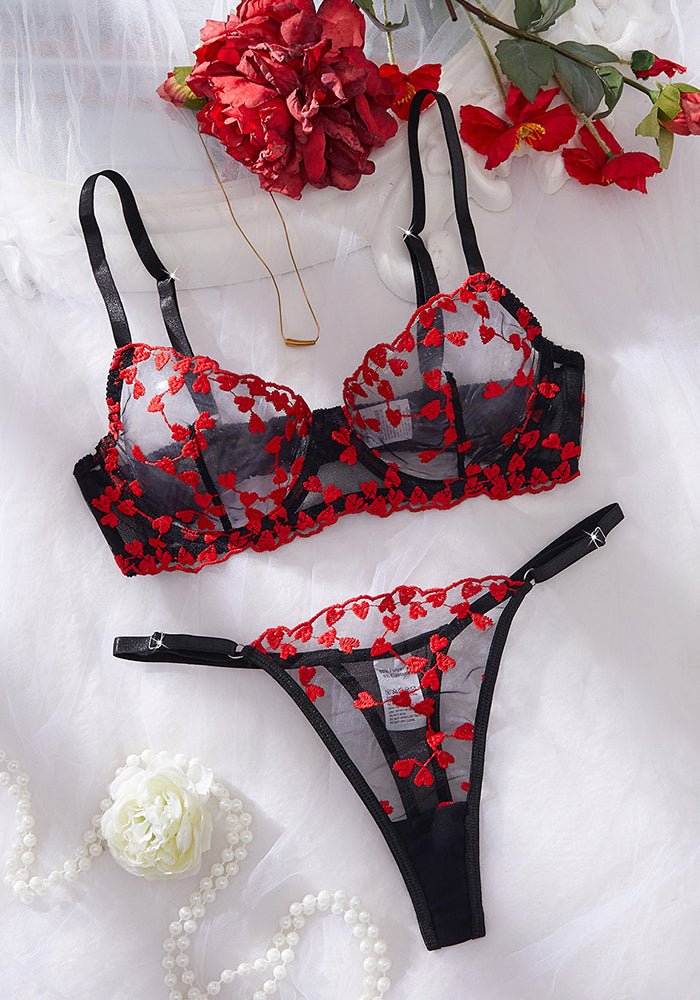 Women Mesh Heart Print Embroidered Panty Lingerie Two - Piece Set - BamBam