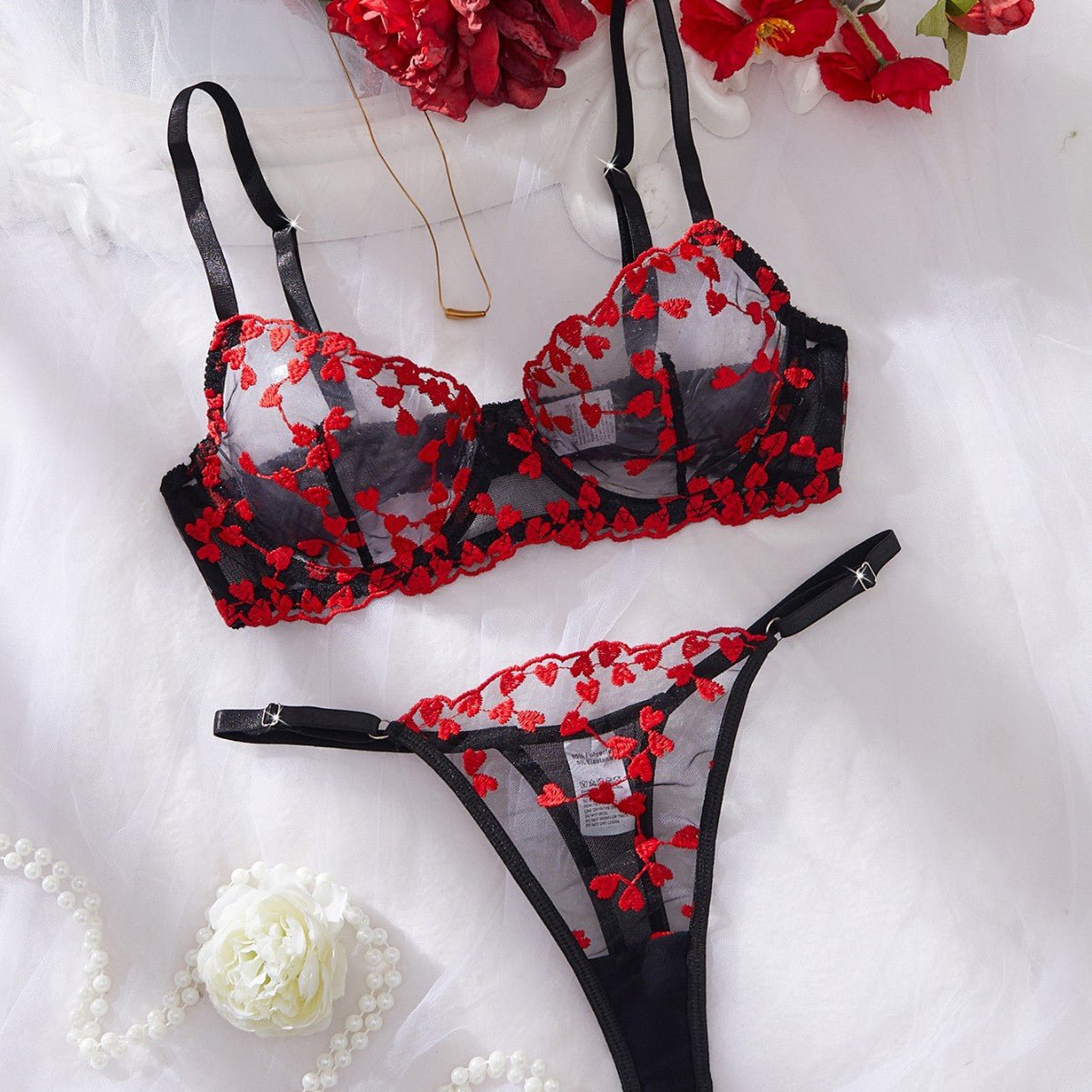 Women Mesh Heart Print Embroidered Panty Lingerie Two - Piece Set - BamBam